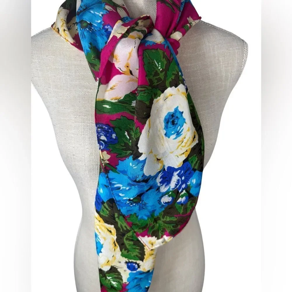 Club Echo Vintage Gorgeous Vivid Magenta Floral Silk Scarve